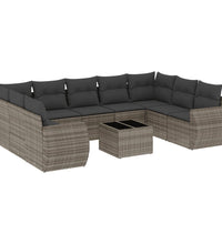 10-tlg. Garten-Sofagarnitur mit Kissen Grau Poly Rattan