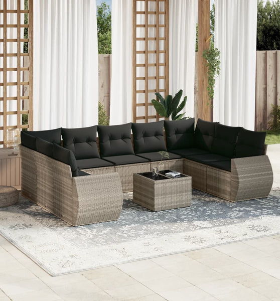 10-tlg. Garten-Sofagarnitur mit Kissen Hellgrau Poly Rattan