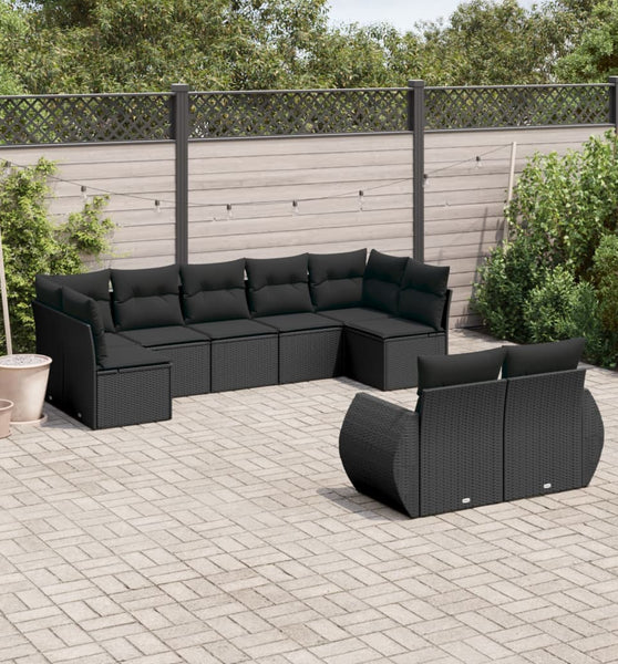 9-tlg. Garten-Sofagarnitur mit Kissen Schwarz Poly Rattan