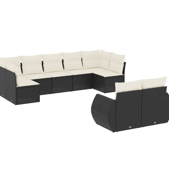 9-tlg. Garten-Sofagarnitur mit Kissen Schwarz Poly Rattan