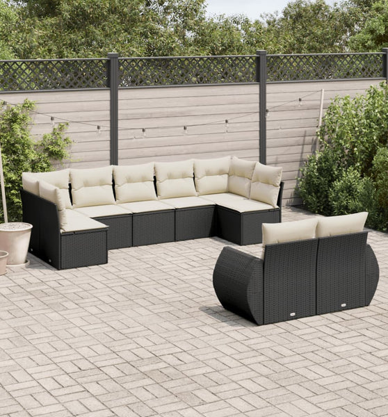 9-tlg. Garten-Sofagarnitur mit Kissen Schwarz Poly Rattan