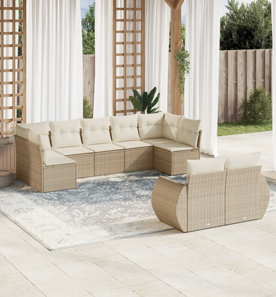 9-tlg. Garten-Sofagarnitur mit Kissen Beige Poly Rattan
