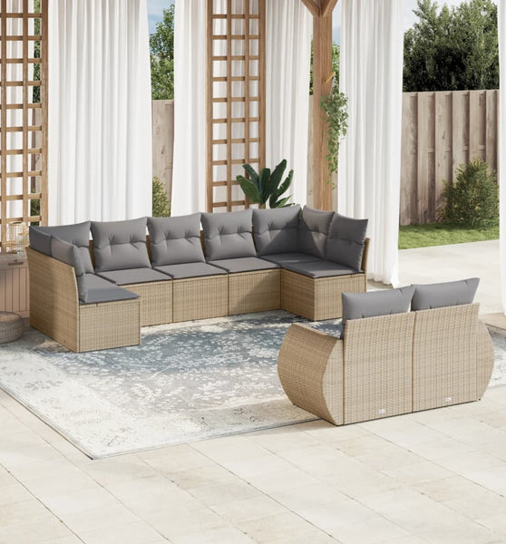 9-tlg. Garten-Sofagarnitur mit Kissen Beige Poly Rattan