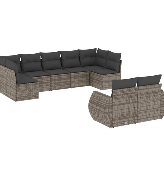 9-tlg. Garten-Sofagarnitur mit Kissen Grau Poly Rattan