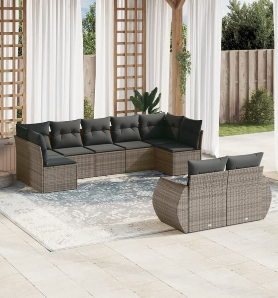 9-tlg. Garten-Sofagarnitur mit Kissen Grau Poly Rattan