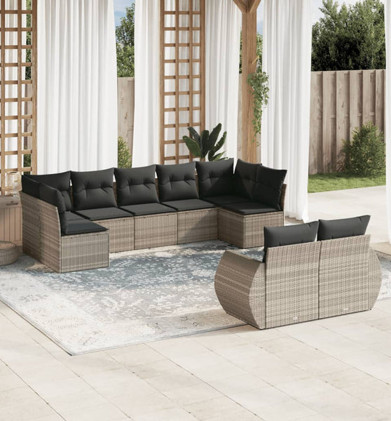 9-tlg. Garten-Sofagarnitur mit Kissen Hellgrau Poly Rattan