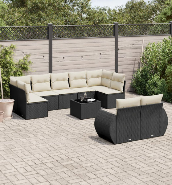 10-tlg. Garten-Sofagarnitur mit Kissen Schwarz Poly Rattan