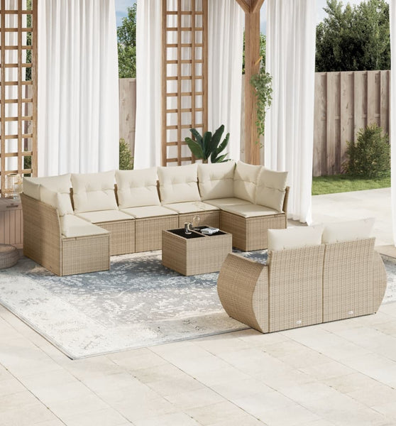 10-tlg. Garten-Sofagarnitur mit Kissen Beige Poly Rattan