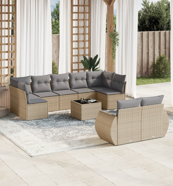 10-tlg. Garten-Sofagarnitur mit Kissen Beige Poly Rattan