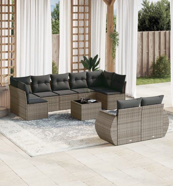 10-tlg. Garten-Sofagarnitur mit Kissen Grau Poly Rattan