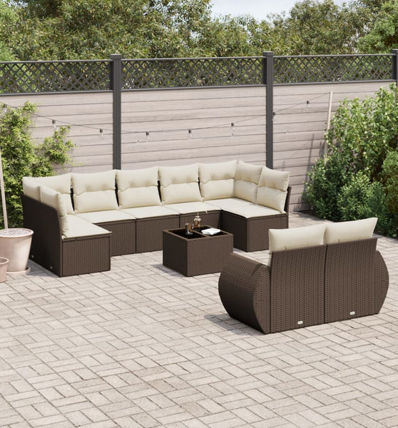 10-tlg. Garten-Sofagarnitur mit Kissen Braun Poly Rattan