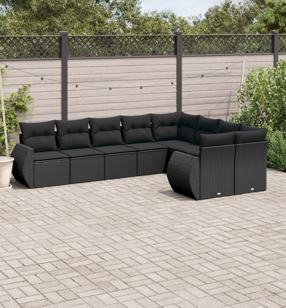 9-tlg. Garten-Sofagarnitur mit Kissen Schwarz Poly Rattan