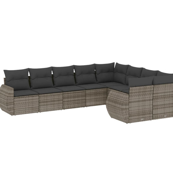 9-tlg. Garten-Sofagarnitur mit Kissen Grau Poly Rattan