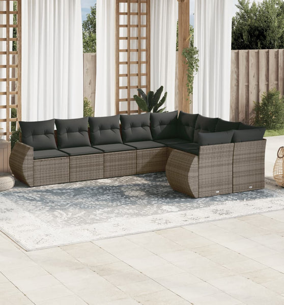 9-tlg. Garten-Sofagarnitur mit Kissen Grau Poly Rattan