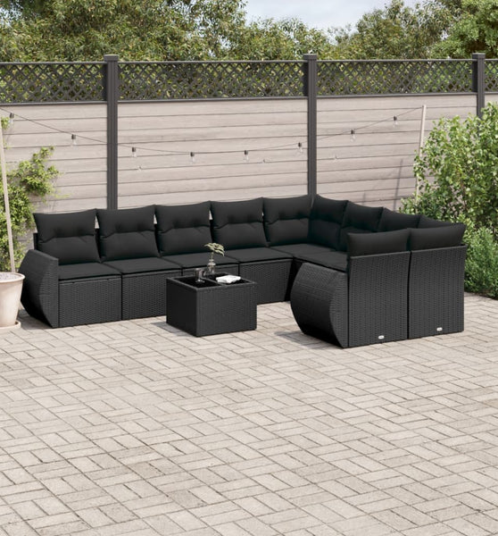 10-tlg. Garten-Sofagarnitur mit Kissen Schwarz Poly Rattan