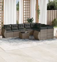 10-tlg. Garten-Sofagarnitur mit Kissen Grau Poly Rattan