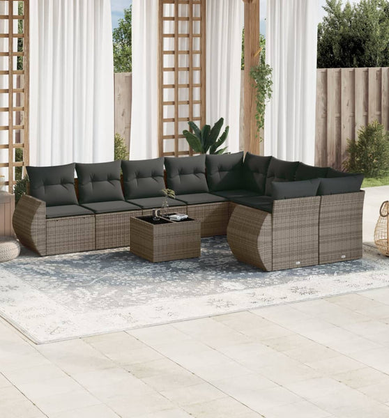 10-tlg. Garten-Sofagarnitur mit Kissen Grau Poly Rattan