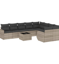 10-tlg. Garten-Sofagarnitur mit Kissen Hellgrau Poly Rattan