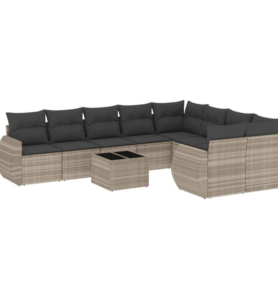 10-tlg. Garten-Sofagarnitur mit Kissen Hellgrau Poly Rattan