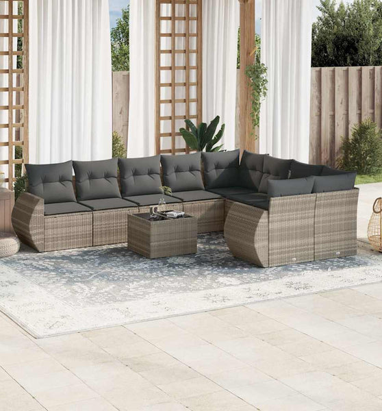10-tlg. Garten-Sofagarnitur mit Kissen Hellgrau Poly Rattan