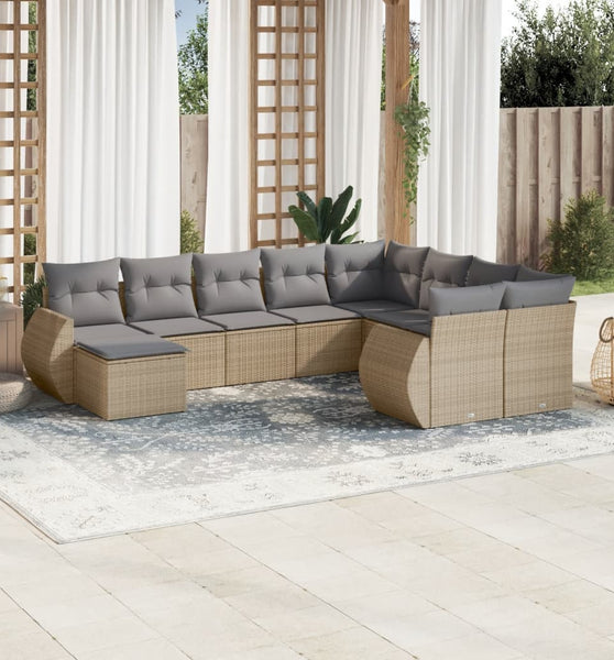 10-tlg. Garten-Sofagarnitur mit Kissen Beige Poly Rattan