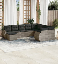 10-tlg. Garten-Sofagarnitur mit Kissen Grau Poly Rattan