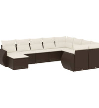 10-tlg. Garten-Sofagarnitur mit Kissen Braun Poly Rattan