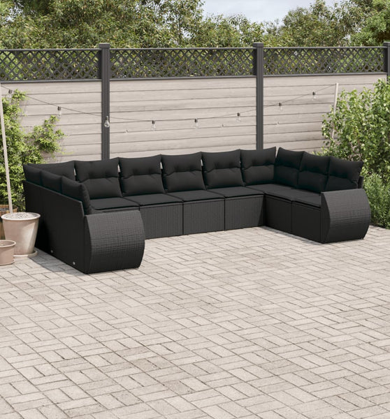 10-tlg. Garten-Sofagarnitur mit Kissen Schwarz Poly Rattan