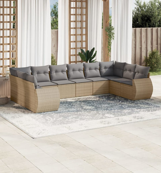 10-tlg. Garten-Sofagarnitur mit Kissen Beige Poly Rattan