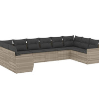 10-tlg. Garten-Sofagarnitur mit Kissen Hellgrau Poly Rattan