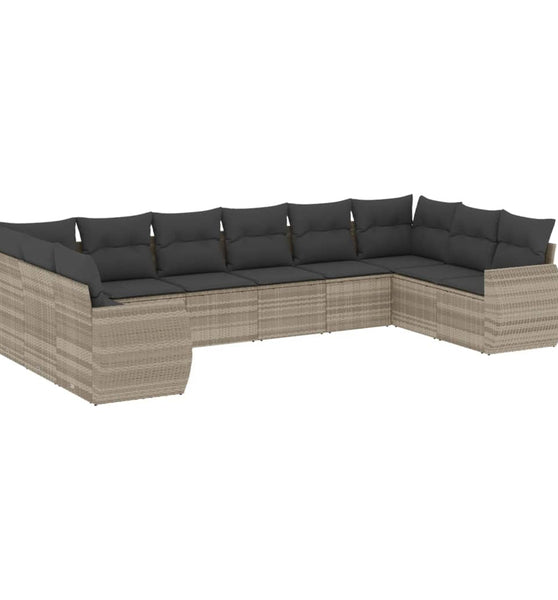 10-tlg. Garten-Sofagarnitur mit Kissen Hellgrau Poly Rattan
