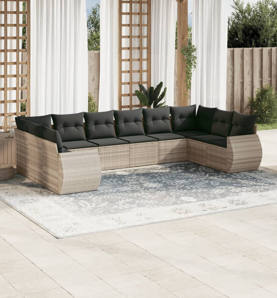 10-tlg. Garten-Sofagarnitur mit Kissen Hellgrau Poly Rattan