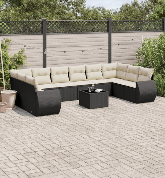 11-tlg. Garten-Sofagarnitur mit Kissen Schwarz Poly Rattan