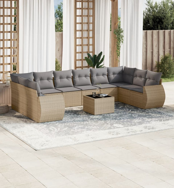 11-tlg. Garten-Sofagarnitur mit Kissen Beige Poly Rattan