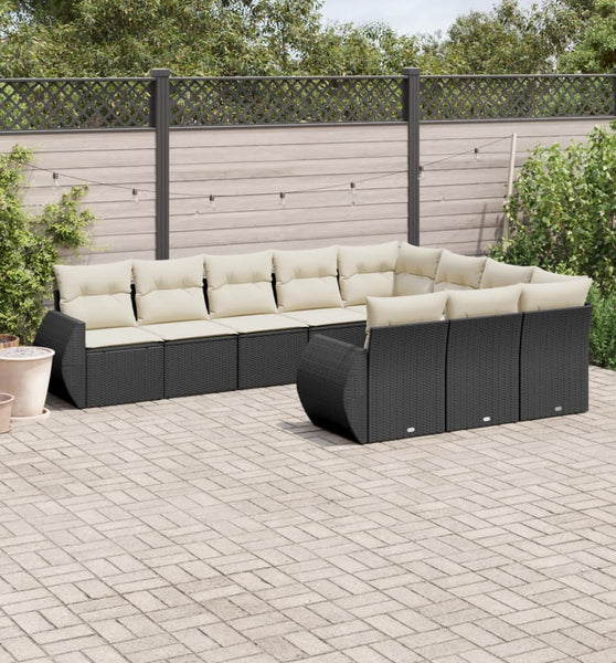 10-tlg. Garten-Sofagarnitur mit Kissen Schwarz Poly Rattan