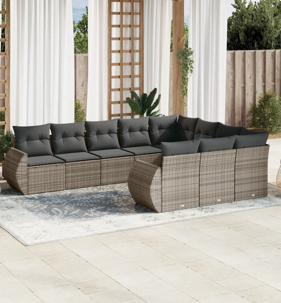 10-tlg. Garten-Sofagarnitur mit Kissen Grau Poly Rattan