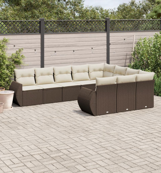 10-tlg. Garten-Sofagarnitur mit Kissen Braun Poly Rattan