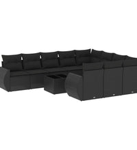 11-tlg. Garten-Sofagarnitur mit Kissen Schwarz Poly Rattan