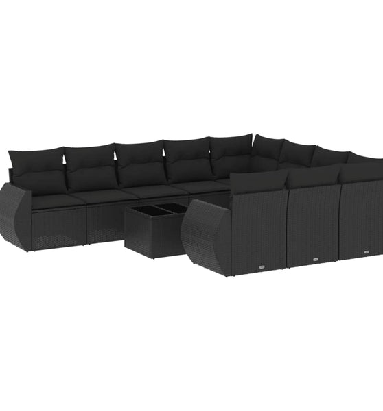 11-tlg. Garten-Sofagarnitur mit Kissen Schwarz Poly Rattan