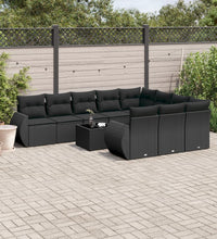 11-tlg. Garten-Sofagarnitur mit Kissen Schwarz Poly Rattan