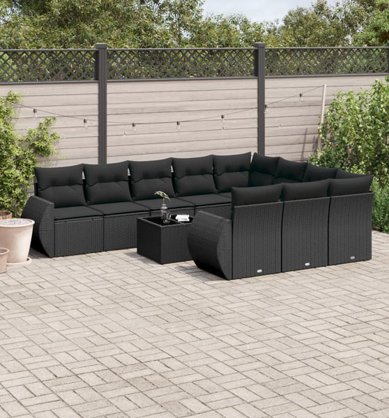 11-tlg. Garten-Sofagarnitur mit Kissen Schwarz Poly Rattan