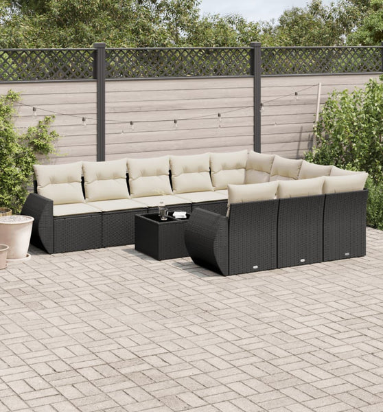 11-tlg. Garten-Sofagarnitur mit Kissen Schwarz Poly Rattan