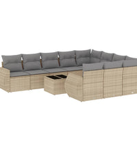 11-tlg. Garten-Sofagarnitur mit Kissen Beige Poly Rattan