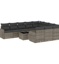 11-tlg. Garten-Sofagarnitur mit Kissen Grau Poly Rattan