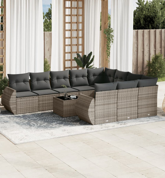 11-tlg. Garten-Sofagarnitur mit Kissen Grau Poly Rattan