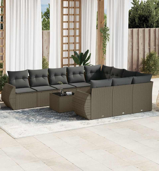 11-tlg. Garten-Sofagarnitur mit Kissen Hellgrau Poly Rattan