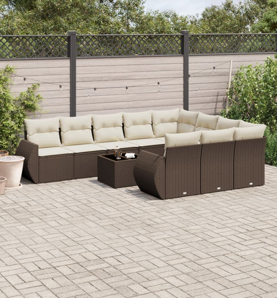 11-tlg. Garten-Sofagarnitur mit Kissen Braun Poly Rattan