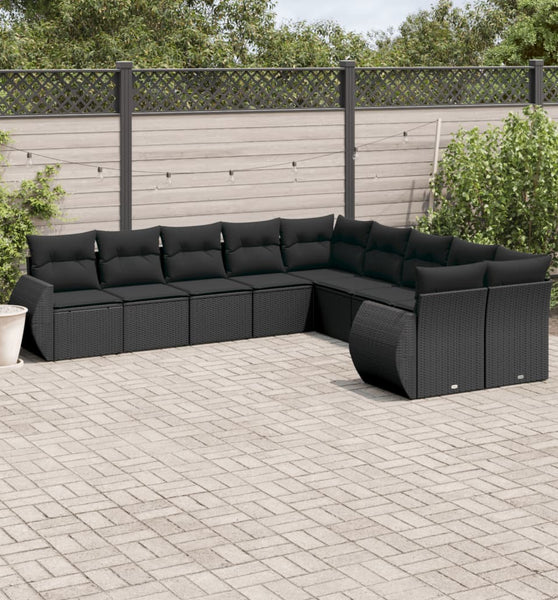 10-tlg. Garten-Sofagarnitur mit Kissen Schwarz Poly Rattan