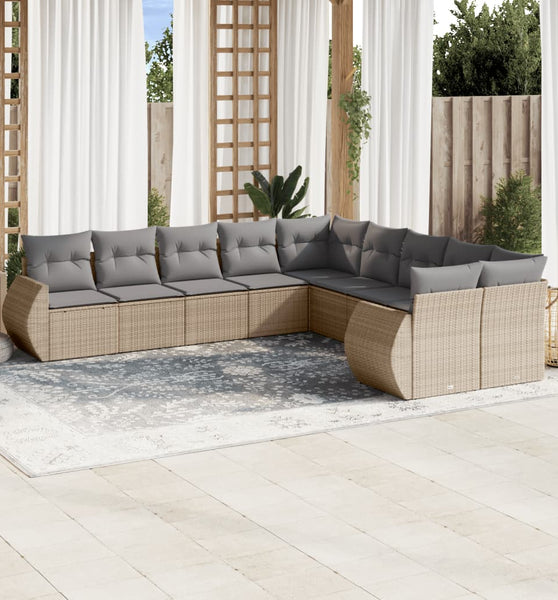 10-tlg. Garten-Sofagarnitur mit Kissen Beige Poly Rattan