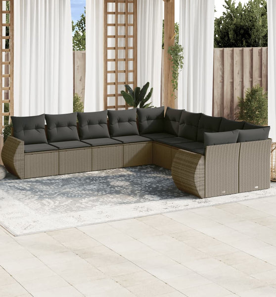 10-tlg. Garten-Sofagarnitur mit Kissen Hellgrau Poly Rattan